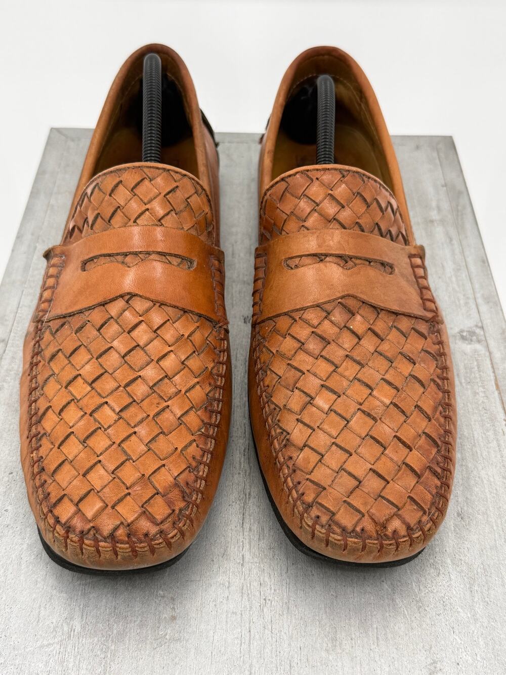 Mercanti Fiorentini Mens 12 Brown Woven Leather Penny Loafers Italy Style MF8538